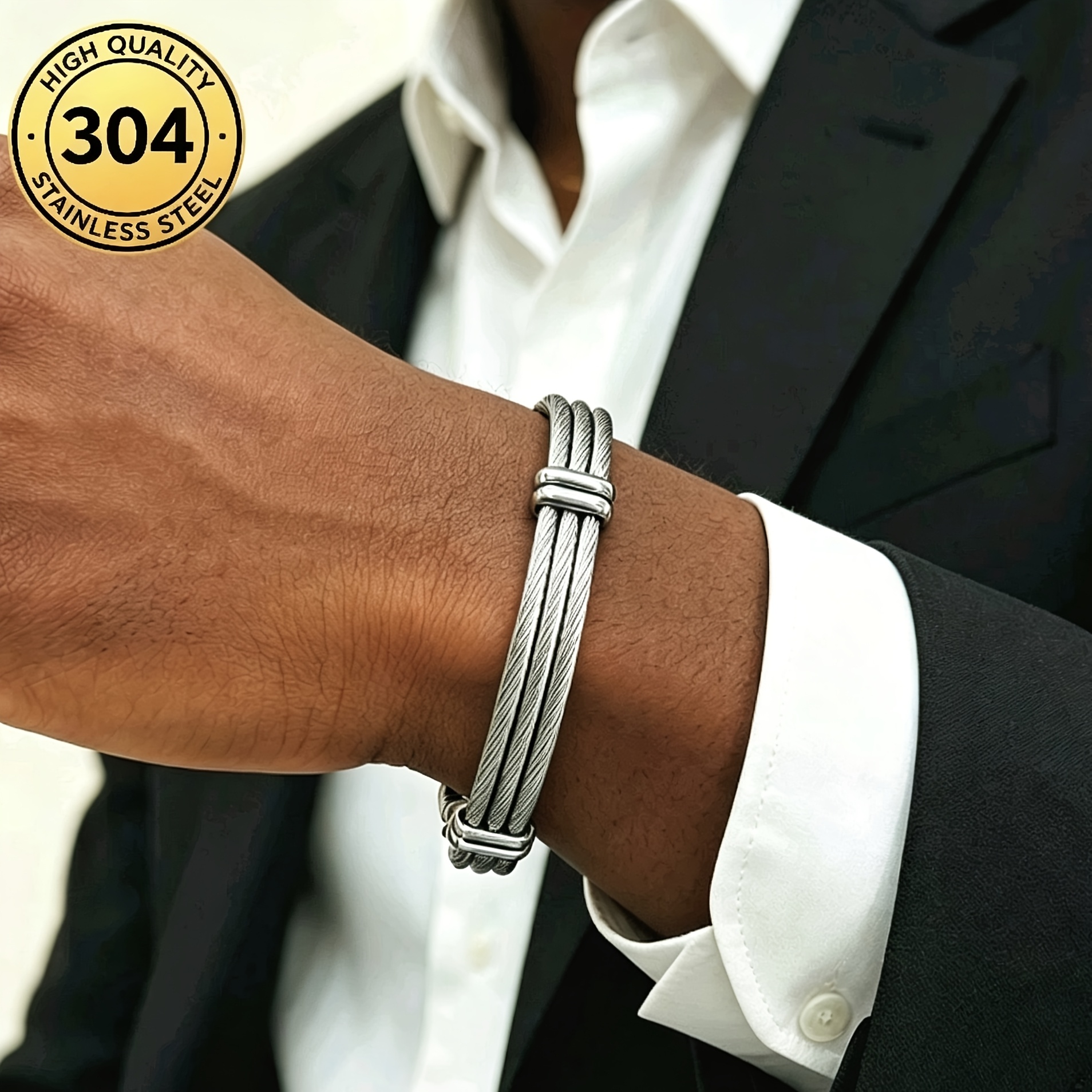 Men's Adjustable Twisted Cable Wire Open Cuff Bangle